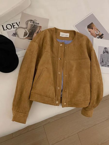 Frauen Wildleder Motorrad Kurze Fliegerjacke Koreanische Mode Harajuku Kamel Einreiher Mantel Frühling Herbst Vintage Top Weibliche 240125