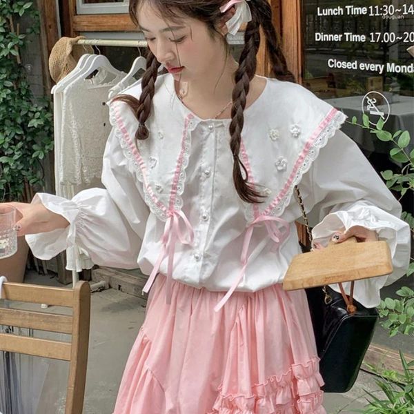 Blusas femininas outono doce estilo lolita blusa tops mulheres kawaii rosa bandagem renda babados camisas brancas primavera casual fofo manga comprida