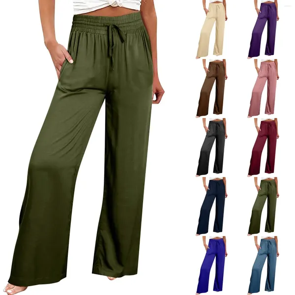 Pantaloni da donna larga gamba per donne in vita elevato elastico fluido palazzo casual pantaloni comodi sciolti con tasche pantalon femme