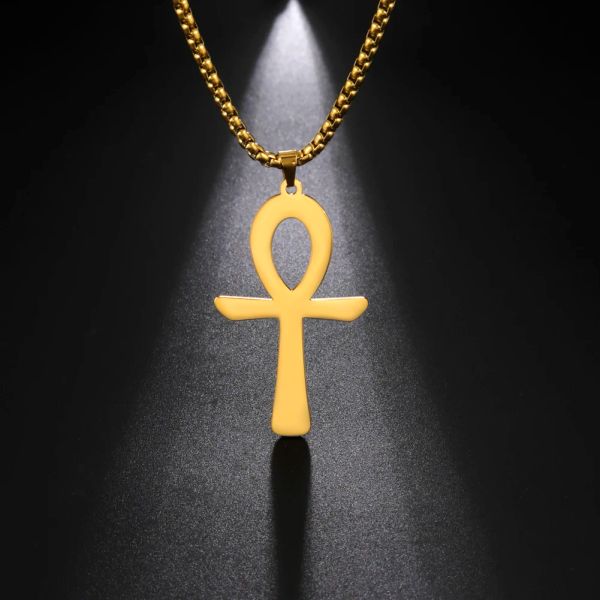 Simples clássico cruz 14k colar de ouro amarelo egípcio ankh símbolo da vida antigo pingente longo corrente colares jóias
