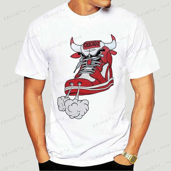 Мужские футболки 2023 Новые удобные новые мужские кроссовки Chicago Shoe Bull Красно-белая футболка в стиле хип-хоп с круглым вырезом с 3D-принтом Черная футболка с юмористическим рисунком T240126