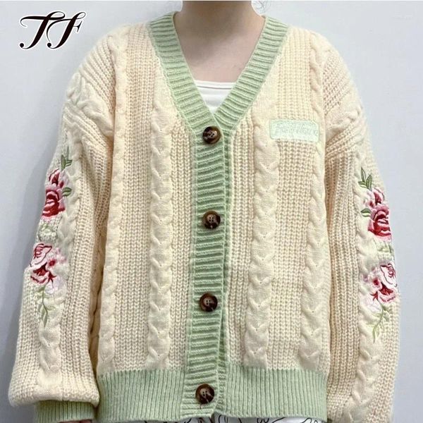 Malhas femininas flor bordado cardigan outono quente bege malha suéteres feminino solto ajuste lanterna manga férias cardigans y2k