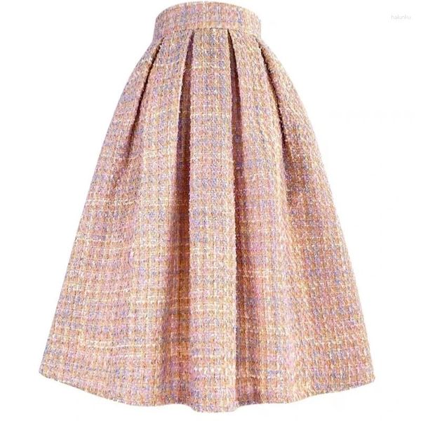 Saias 2024 inverno coreano dongdaemun vintage elegante rosa tweed cintura alta longa saia plissada luxo mulher roupas dupla grossa quente
