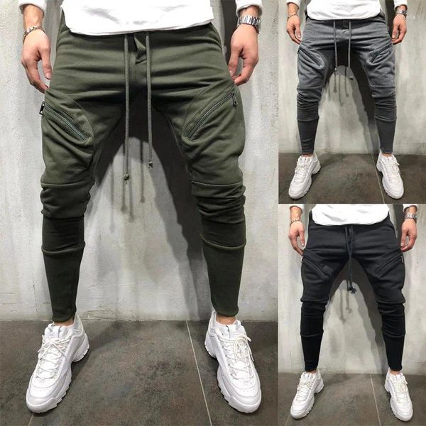 Calças masculinas 2024 esportes casuais cor sólida zíper decorativo apertado multi bolso slim fit leggings