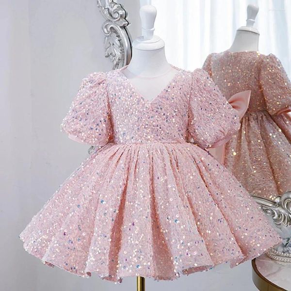 Vestidos de niña vestido de flores brillantes para boda lentejuelas rosas mangas cortas hasta la rodilla lazo niño primera fiesta de cumpleaños eucarística