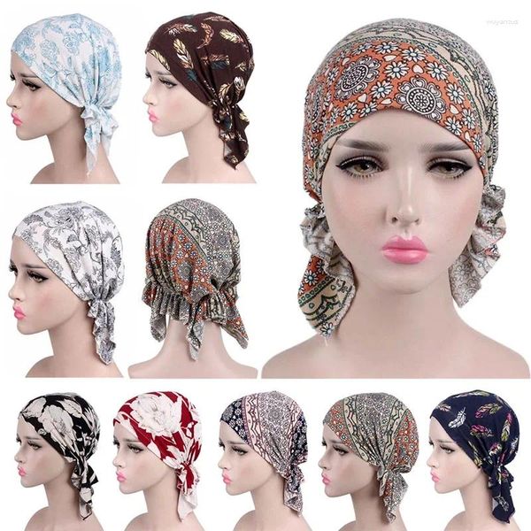 Etnik Giyim Kadınları Çiçek Müslüman Uzun Katlar Kanser Kemoya Hat Beanie Scarf Türban Baş Şakası Kapağı Baskılı Meşber Lady Hats