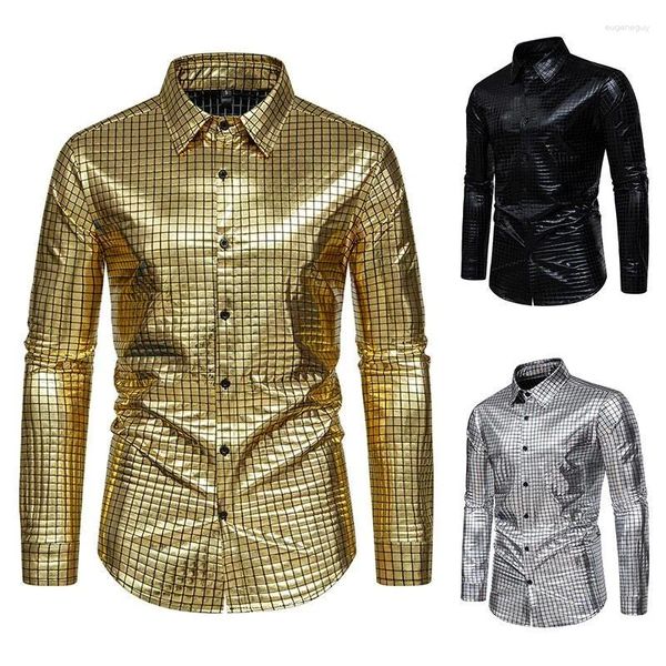 Camisas de vestido masculinas Brilhante Ouro Quadrado Lantejoulas Homens Manga Longa Botão Down Disco Party Masculino Nightclub Prom Chemise