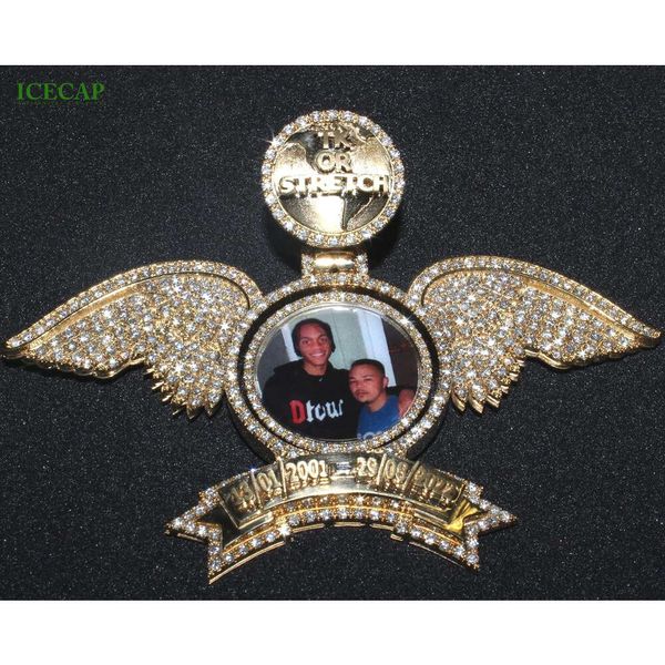 Buzlu Out Wings Hip Hop Kolye 925 Gümüş Bellek Fotoğraf Kolye DIY Yaratıcı Özel VVS Moissanite Angel Wings Kolye
