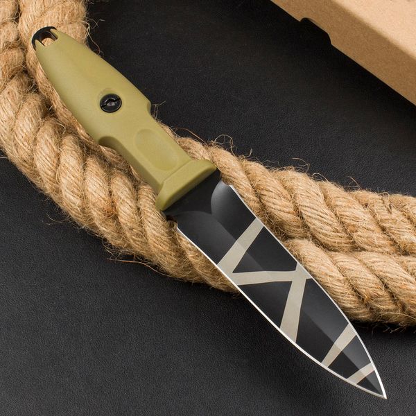 Coltello dritto di sopravvivenza ER0124 di alta qualità N690 Rivestimento in titanio Lama a doppio bordo Full Tang Maniglia FRN Coltelli tattici esterni con Kydex