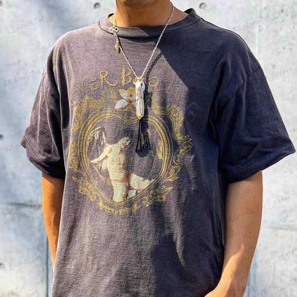 T-shirt da uomo 666 Washed Old T Shirt per uomo Saint Michael Divertenti bambini Stampa modello Baggy Punk Rock Hip Hop Coppie Top T240126