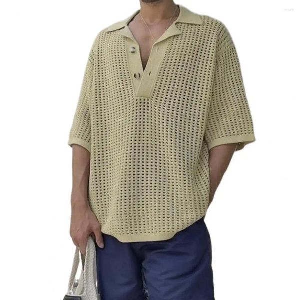 Maglioni da uomo Top da uomo Camicia lavorata a maglia Bavero con scollo a V Manica corta Tinta unita Estate Allentato Scava fuori Maglieria Streetwear Ropa Hombre