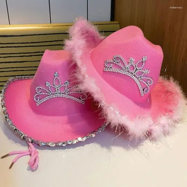 Berets y2k coroa rosa cowboy chapéu ocidental cowgirl stetson mulheres meninas pena borda brilhante lantejoulas tiara chapéus festa fedora bonés