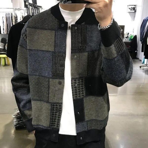 Camisolas masculinas de alta qualidade contraste xadrez malha cardigan homens coreano outono moda camisola sueter hombre hombres abrigos