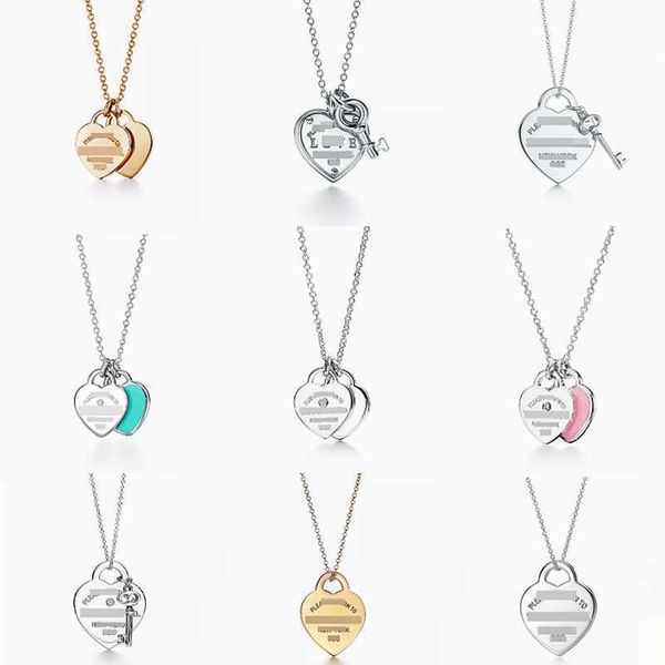 Brand de designer clássico Tiffays High Edition S925 Sterling Silver Double Heart Charme Drop Glue Conjunto de diamante Colar de amor com logotipo