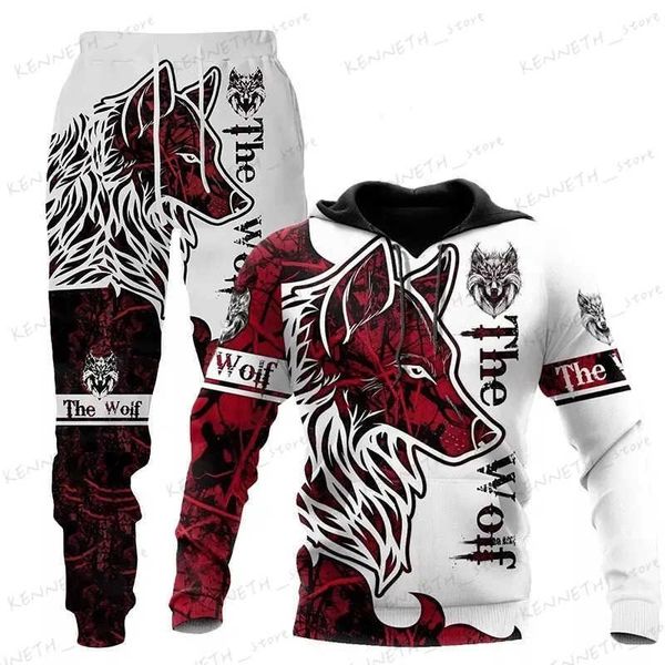 Tute da uomo 2023 New Wolf Felpa con cappuccio 3D stampato Pantaloni Suit Uomo Autunno Casual Felpa Pullover Uomo Tuta Set Moda Uomo Abbigliamento Suit T240126