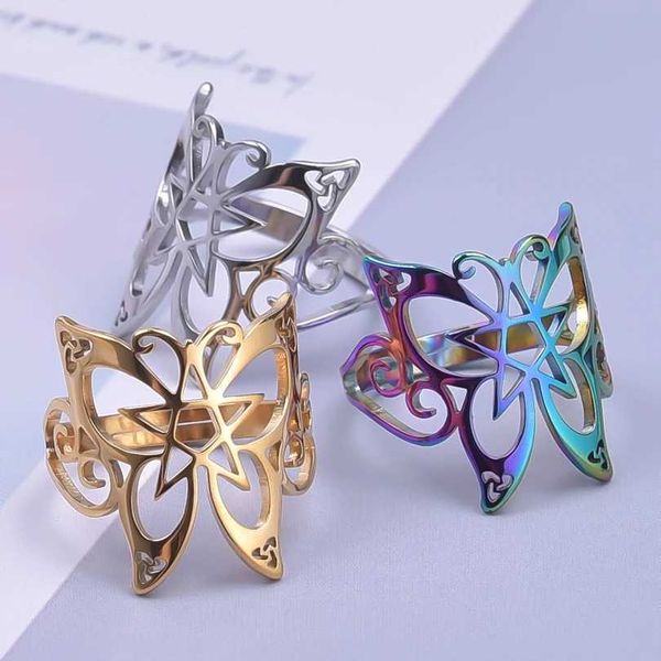 Bandringe Vintage Schmetterling Edelstahlringe für Damen Schmucksets Gothic Pentagramm Charm verstellbar Punk Herrenring Schmuck Geschenke 240125