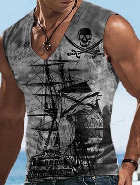 Homens camisetas Bottom Shirt Padrão Barco Leme V-Neck 3D Rua Ao Ar Livre Sem Mangas Impresso Roupas Atlético Casual Grande Tanque Alto T240126