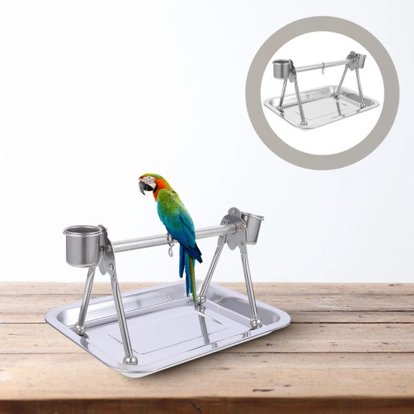 Mills Parrot Bird Stand Perchplay Gym Shelf Grind Stick Cage Platform Playground Table Standingrod Wooden Play Rack Pet Tray Feeder