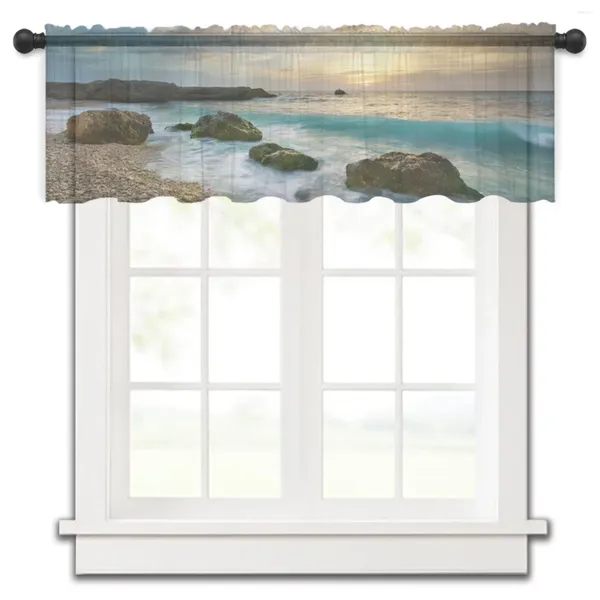 Cortina praia oceano nascer do sol céu cenário horizonte janela tule sheer curto quarto sala de estar decoração casa voile cortinas