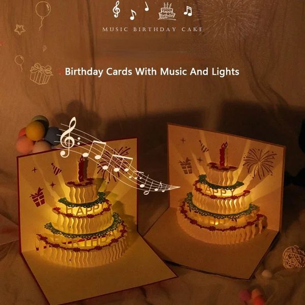 1PC 3D Pop Up Biglietti d'auguri di compleanno Riproduzione automatica di musica Calda luce LED Carta torta di compleanno Regali per mamma Moglie Ragazzo Ragazza Amici 240122