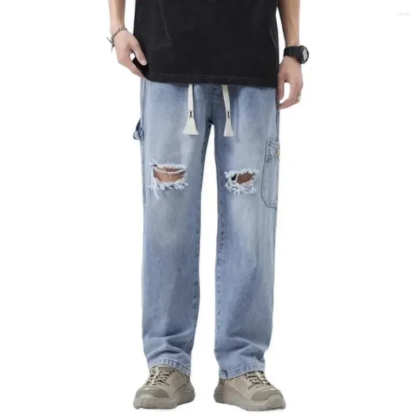 Jeans masculinos rasgados calças de primavera com bolsos bottoms calças jeans joelho oco design