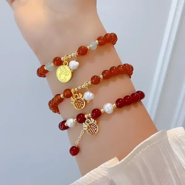 Link pulseiras 2024 dragão ano pulseira feminina imitação ágata vermelha cristal chinês zodíaco mão jóias bracciale portafortuna