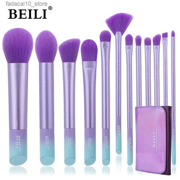 Pincéis de maquiagem BEILI Roxo 12pcs Pincéis de maquiagem Fundação profissional Highlighter Blush Eyeshadow Conjunto de pincéis de maquiagem com bolsa de cosméticos Q240126