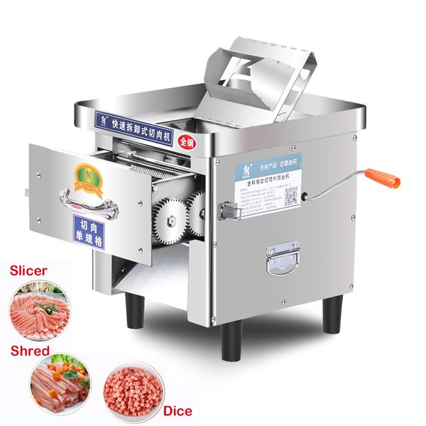 Fatiador de carne com gaveta 850W Comercial Moedor de carne Cortador de fio Máquina de corte em cubos Lâmina de substituição sem ferramentas de aço inoxidável