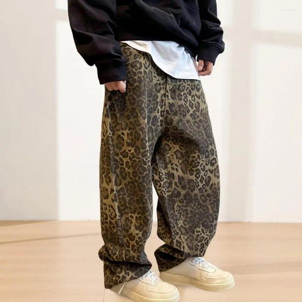 Pantaloni da uomo stile hip-hop retrò stampa leopardata hop con cavallo morbido tessuto traspirante vita media lunghezza intera streetwear