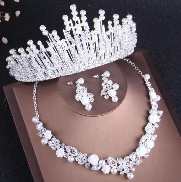 Set di gioielli da sposa con perle di cristallo di fascino, girocollo con strass, diadema, perline africane nigeriane, collane, orecchini, set di gioielli da sposa