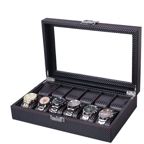 La scatola per orologi in pelle in fibra di carbonio può contenere 12 orologi Materiali in legno nero di alta qualità Display Imballaggio indipendente 240119