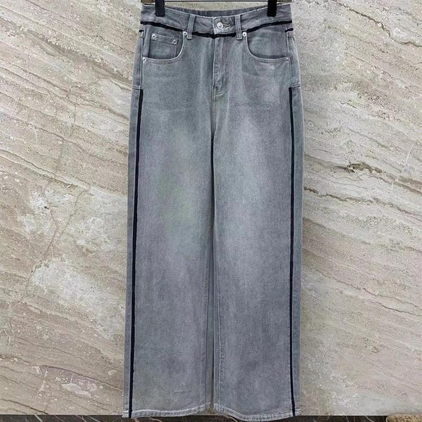 Calças de brim femininas moda contraste listrado streigt para mulher 2024 primavera calças de alta qualidade rua casual elegante calças jeans senhora
