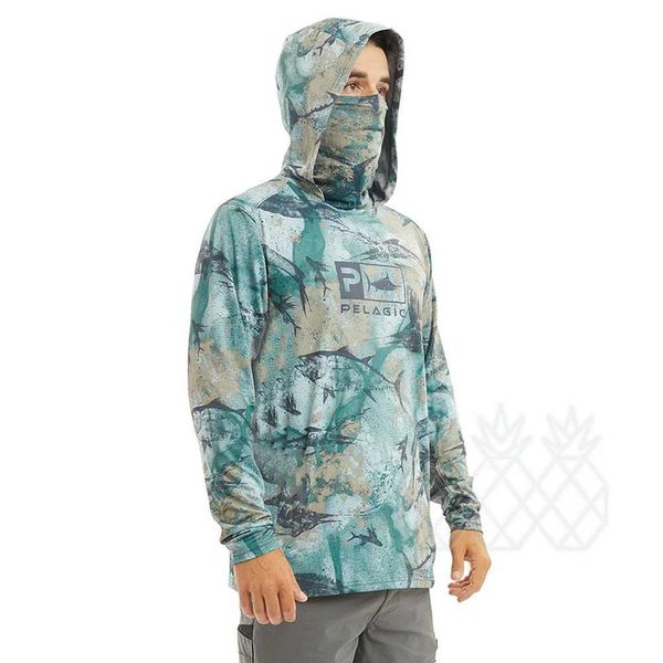 Felpe con cappuccio da uomo Felpe con cappuccio da pesca pelagica Camicie da uomo con cappuccio da pesca con maschera UV Ghetta con cappuccio Abbigliamento traspirante UPF 50+ Abbigliamento da pesca J240126