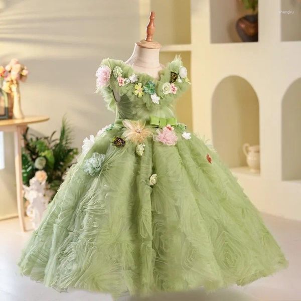 Платья для девочек, платье для девочек, цветочный костюм принцессы на день рождения, детский костюм для выступлений на подиуме, летний костюм для девочек, зеленый вечер