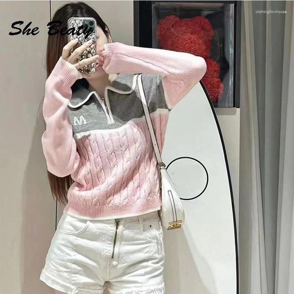 Damenpullover Rosa Pullover Pullover Umlegekragen Langarm Koreanische Mode Vintage Chic Elegant Cltohes Strickwaren Tops Frühling