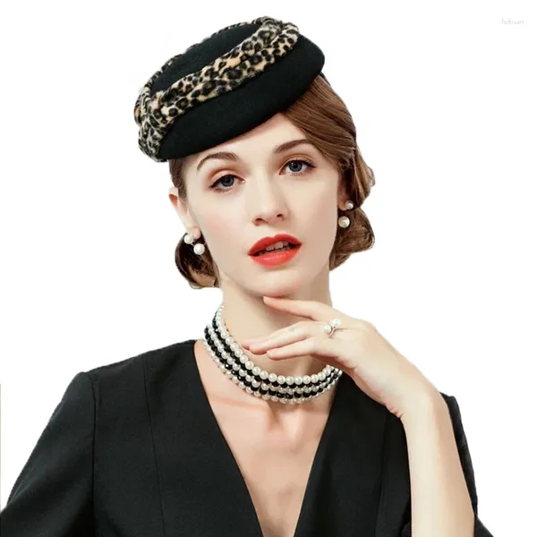 Береты FS, черный чародей для женщин, леопардовая шляпа-таблетка, шерстяная свадебная винтажная шляпа для платья, коктейльные фетровые шапки Fedora