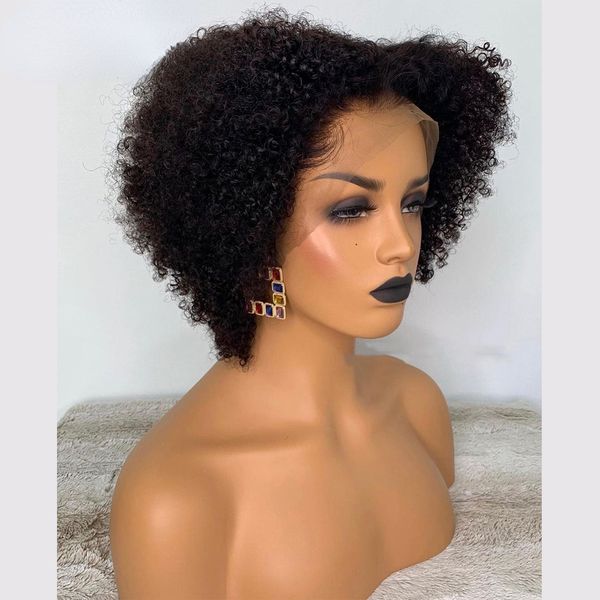 Afro kıvırcık kısa bob glueless peruk insan saçları giymeye hazır pixie kesilmiş peruklar kadınlar için patlama ile uzun süredir tam dantel ön insan saç peruk