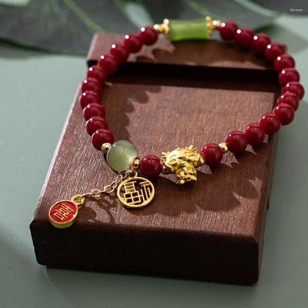 Link Armbänder 2024 Chinesischen Stil Drachen Jahr Glück Armband Bunte Perlen Für Frauen Vintage Naturstein Ethnische Kette Seil