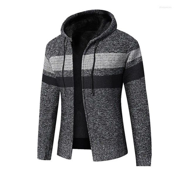 Suéter masculino moda inverno com capuz cardigan masculino lã quente malha suéter masculino listrado malhas zíper casual homem