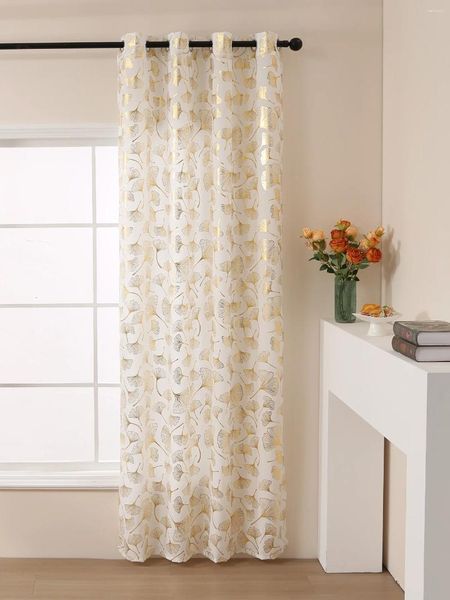 Cortina transparente para quarto com estampa de folha dourada, conjunto de tratamento de janela branca com ilhós