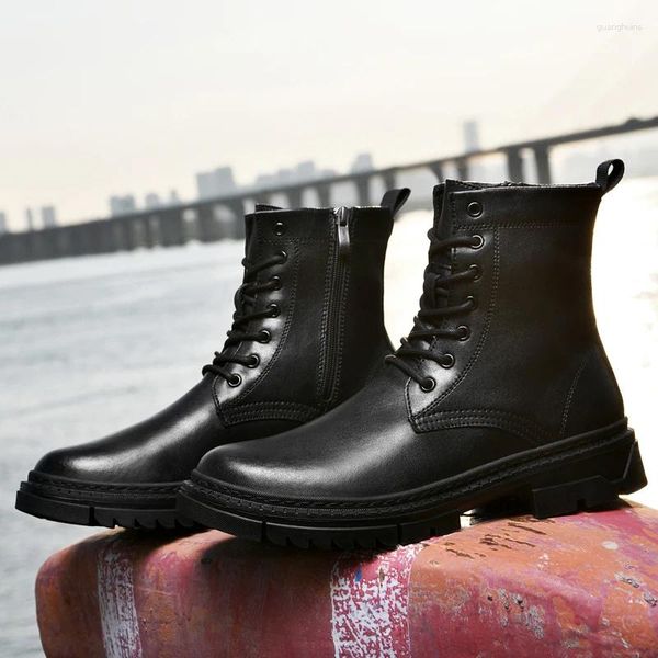 Botlar İtalyan marka tasarımcısı erkek lüks orijinal deri platform kış ayakkabıları siyah ayak bileği botu kısa peluş motosiklet erkekleri