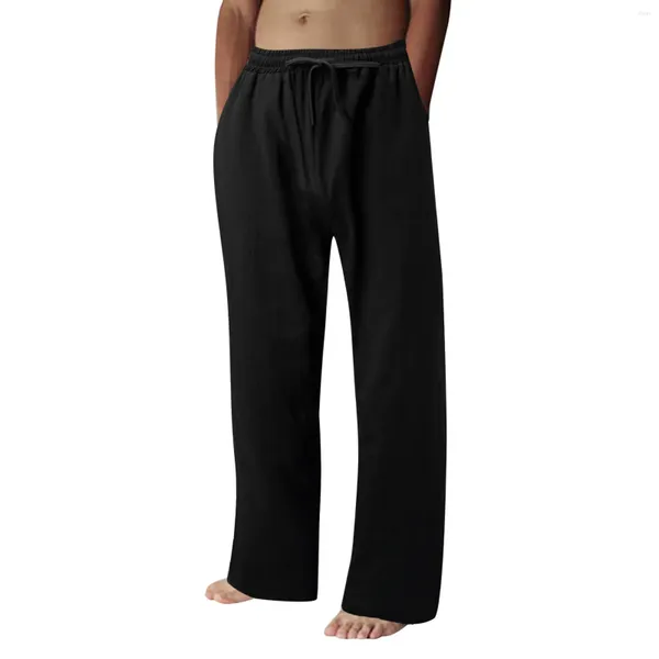 Calças masculinas de algodão linho primavera verão em linha reta calças largas cintura elástica praia respirável calça masculino férias calças casuais