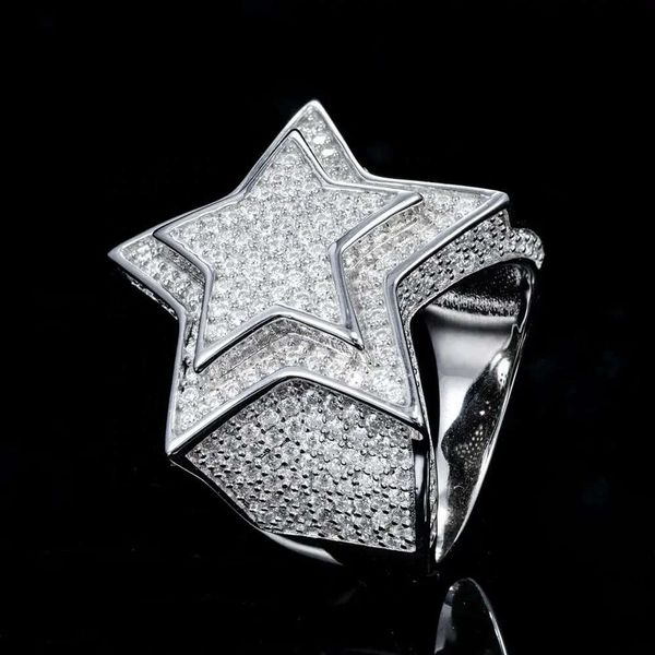 Anel de prata esterlina 925 com design de luxo personalizado vvs moissanite hip hop gelado estrela anel real 14k ouro masculino estrela