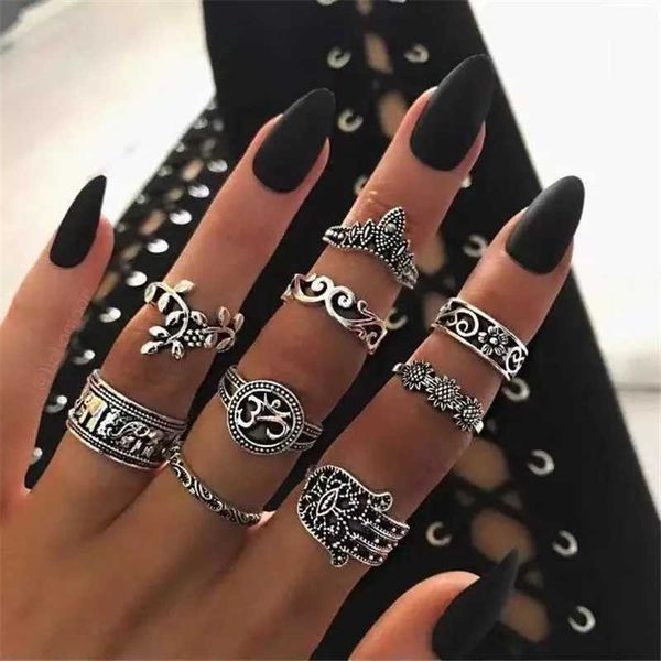 Bandringe HI MAN 9 Teile/satz Spanisch Mysterious Mixed Fati's Palme Stern Sonnenblume Elefant Krone Ring Frauen Vintage Textur Bankett Schmuck 240125