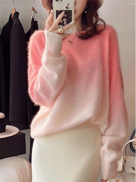 Женские свитера 2024, модные осенне-зимние розовые вязаные свободные пуловеры с градиентом, шикарные женские свитера больших размеров с круглым вырезом, мягкий толстый свитер из мохера