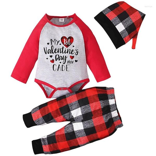 Set di abbigliamento 2 pezzi Primavera Autunno Vestiti per bambina Bambino Ragazzo San Valentino Lettera d'amore Tuta Pantaloni scozzesi Set nato BC1769