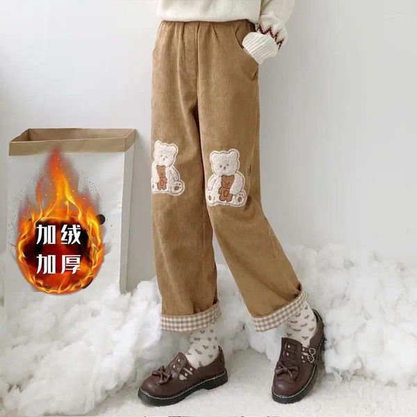 Pantaloni da donna in pile gamba larga orso velluto a coste casual stile preppy dolce donna allentata pantaloni coreani a vita alta dritti Harajuku Y2k