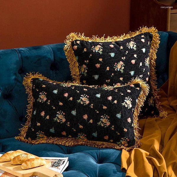 Travesseiro Cilected Vintage Flor Bordado Fronha Chenille Tecido Capa de sofá com borla para decoração de casa
