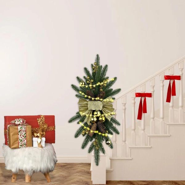 Flores decorativas brilho dourado guirlanda de escada de natal com efeitos iluminadores bowknot pinha enfeites guirlanda sucção de janela