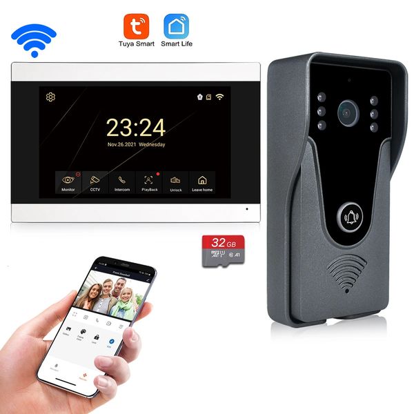 Sistema de intercomunicação de vídeo wi-fi sem fio 1080p campainha inteligente para casa tela sensível ao toque com cartão 32g áudio bidirecional tuya app desbloqueio 240123